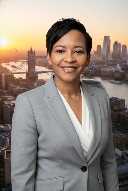 Professional woman smiling with cityscape background at sunset.